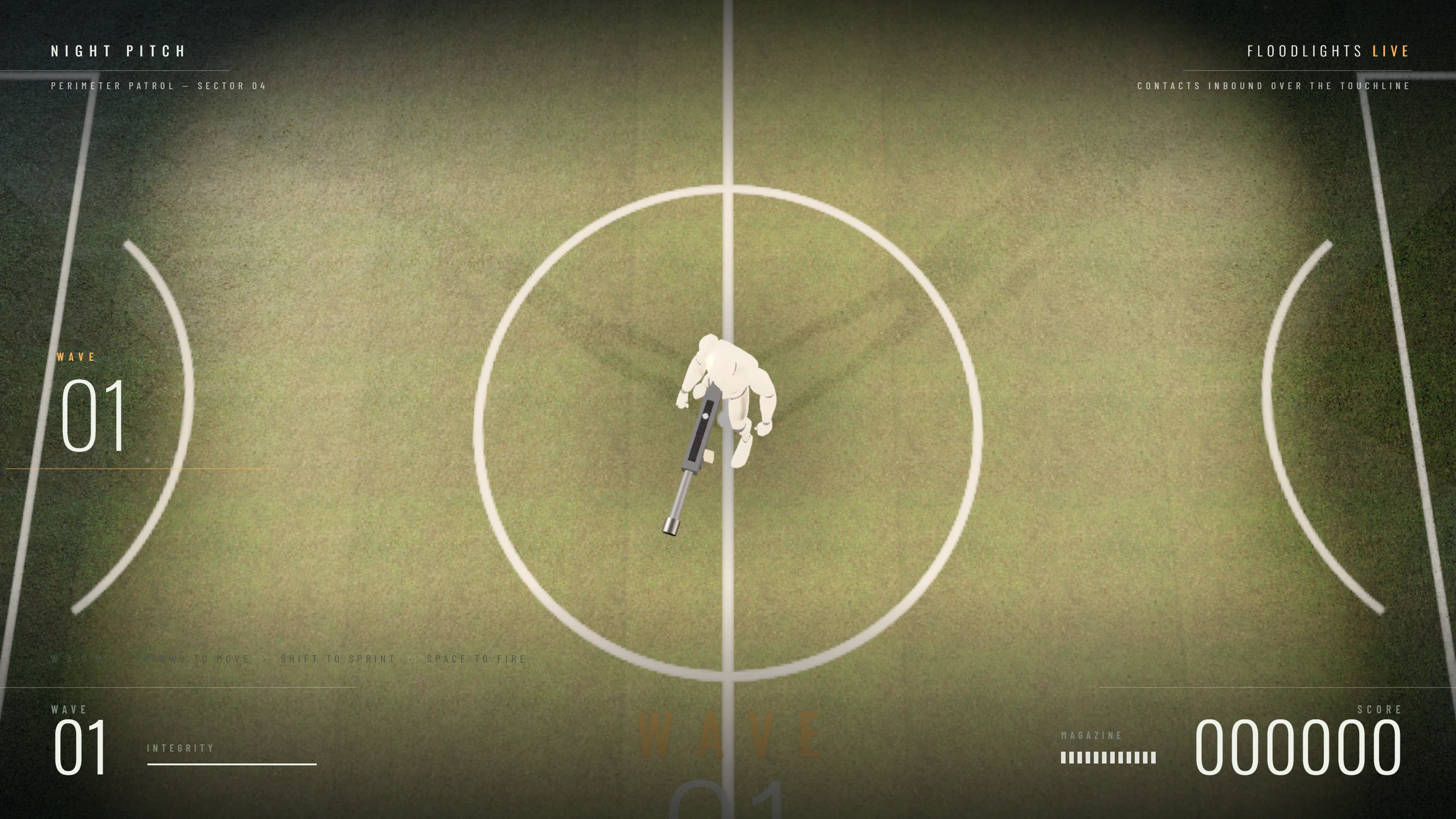 Night Pitch: a floodlit top-down arena on stadium turf, with score and wave readouts